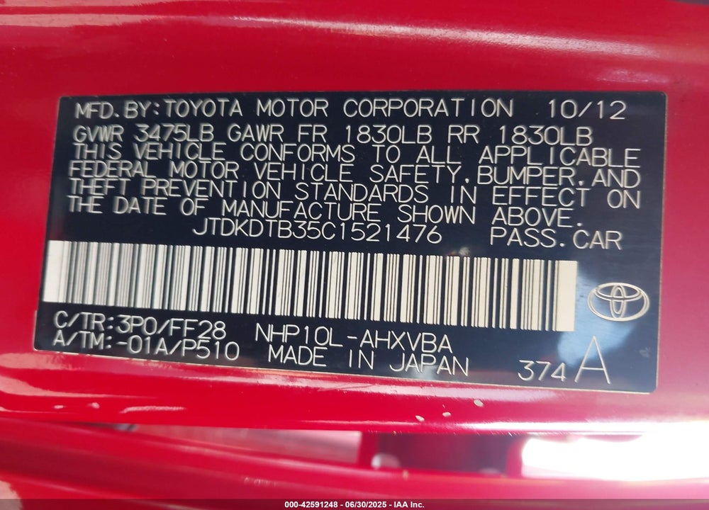 2012 TOYOTA PRIUS C VIN: JTDKDTB35C1521476