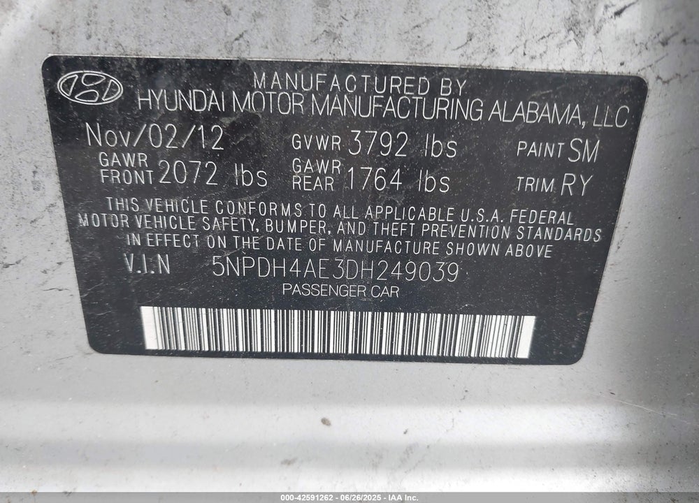 2013 HYUNDAI ELANTRA VIN: 5NPDH4AE3DH249039