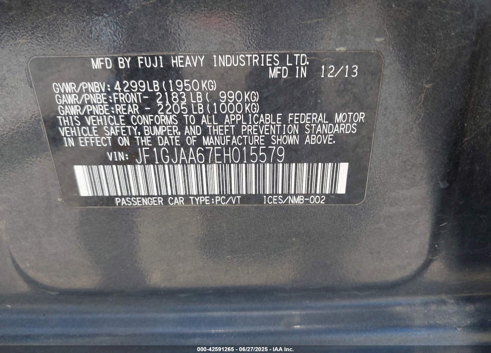 2014 SUBARU IMPREZA VIN: JF1GJAA67EH015579
