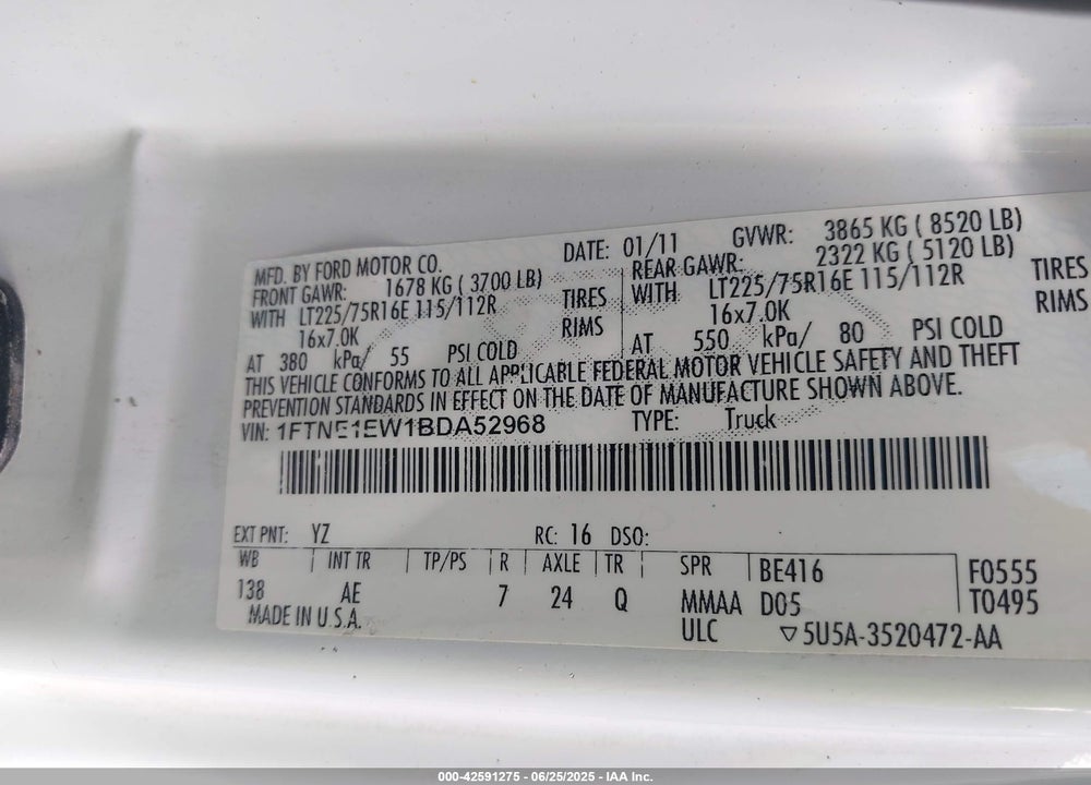 2011 FORD E-150 COMMERCIAL VIN: 1FTNE1EW1BDA52968