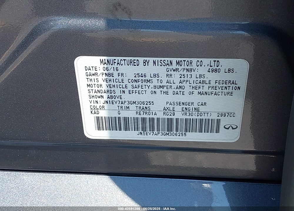 2016 INFINITI Q50 VIN: JN1EV7AP3GM306255
