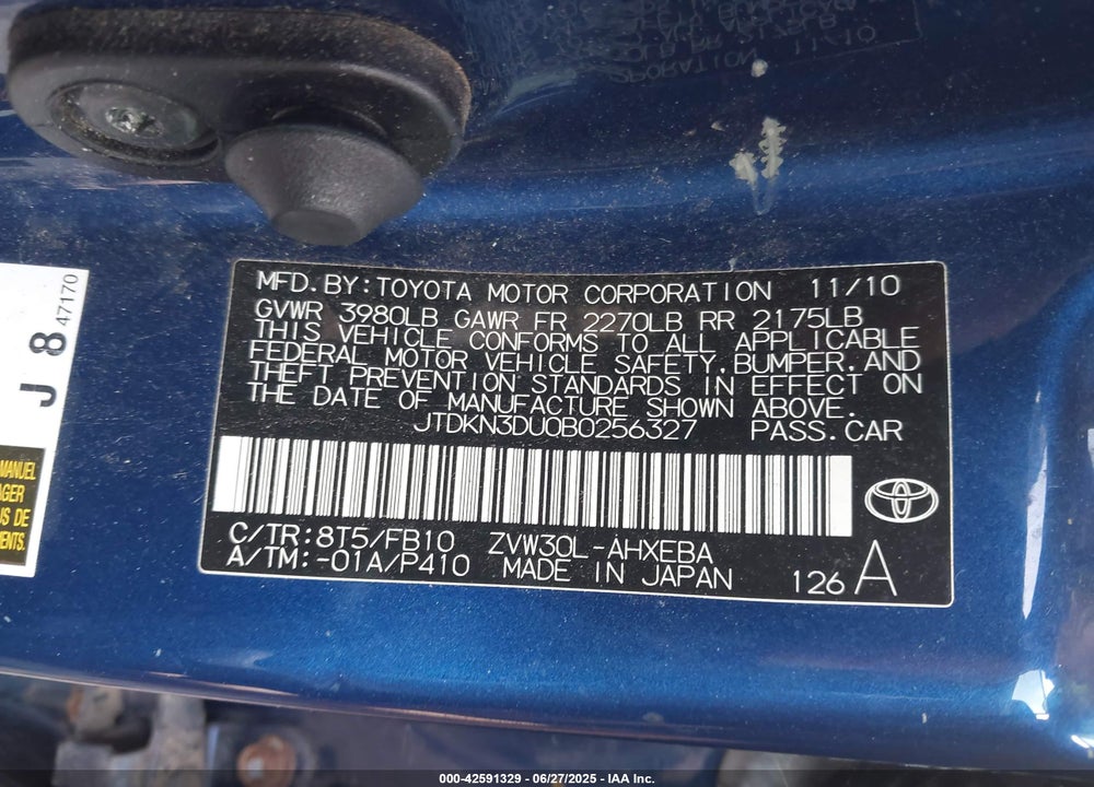 2011 TOYOTA PRIUS VIN: JTDKN3DU0B0256327