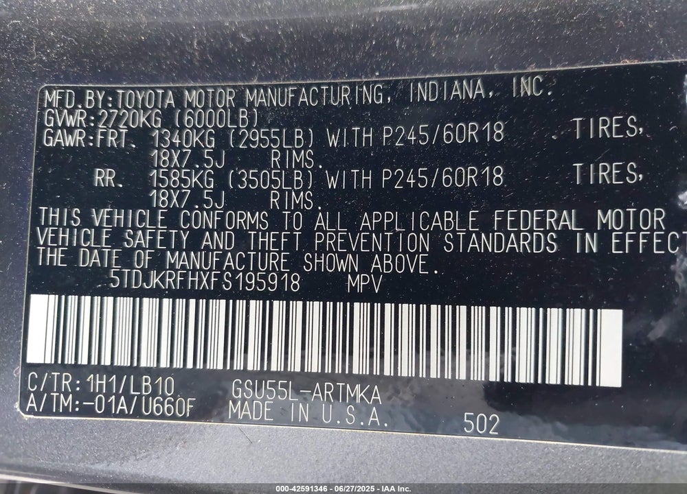 2015 TOYOTA HIGHLANDER XLE V6 VIN: 5TDJKRFHXFS195918