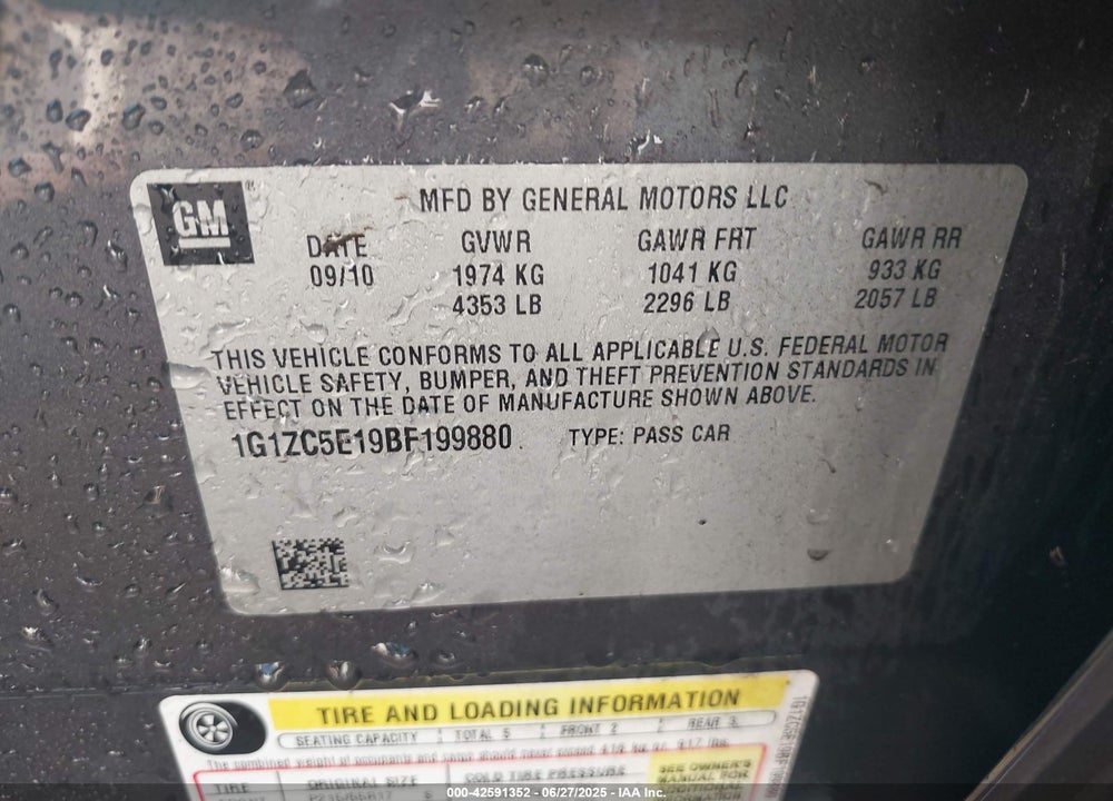 2011 CHEVROLET MALIBU VIN: 1G1ZC5E19BF199880