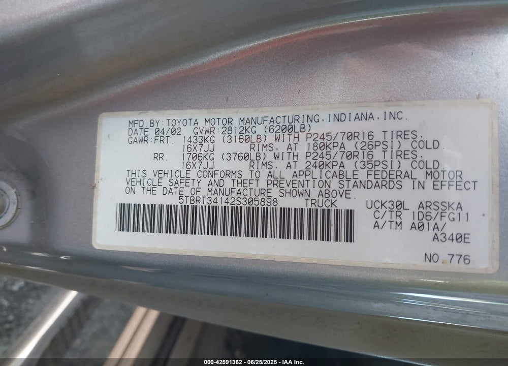 2002 TOYOTA TUNDRA VIN: 5TBRT34142S305898
