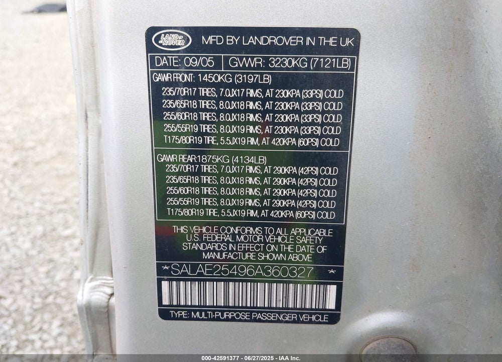 2006 LAND ROVER LR3 V8 SE VIN: SALAE25496A360327