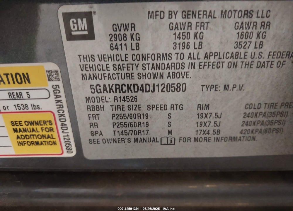 2013 BUICK ENCLAVE VIN: 5GAKRCKD4DJ120580