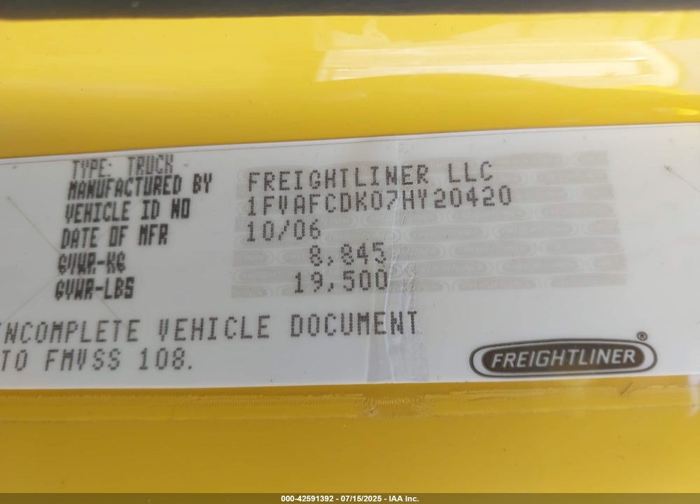 2007 FREIGHTLINER SPORT CHASSIS 106 VIN: 1FVAFCDK07HY20420
