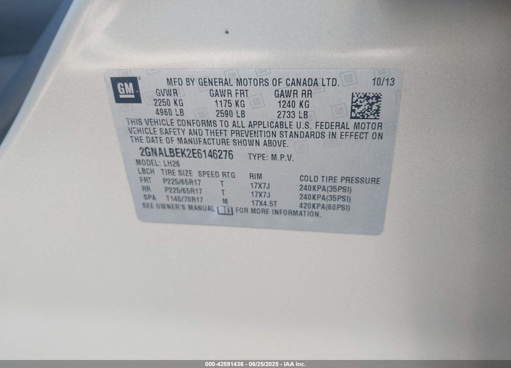 2014 CHEVROLET EQUINOX VIN: 2GNALBEK2E6146276
