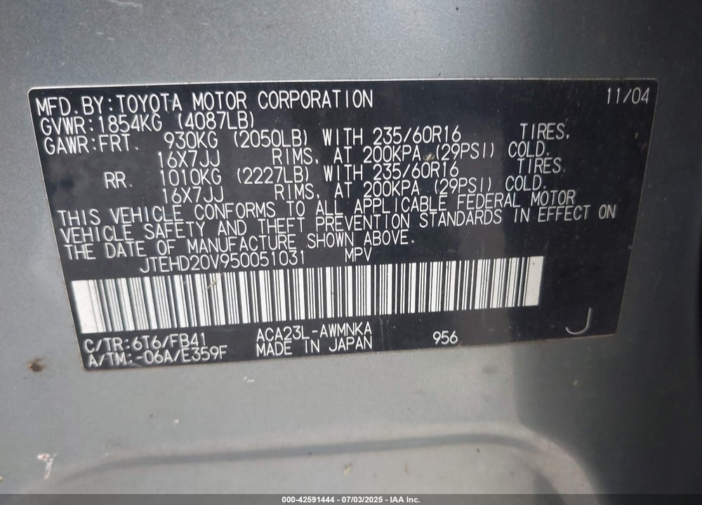 2005 TOYOTA RAV4 VIN: JTEHD20V950051031