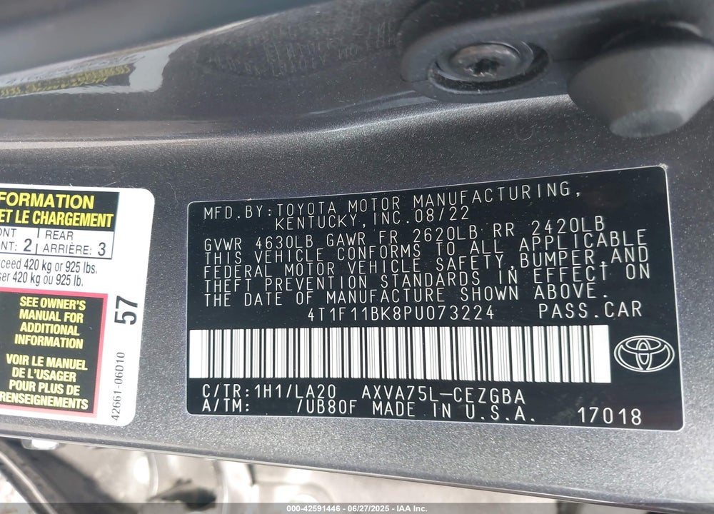 2023 TOYOTA CAMRY VIN: 4T1F11BK8PU073224