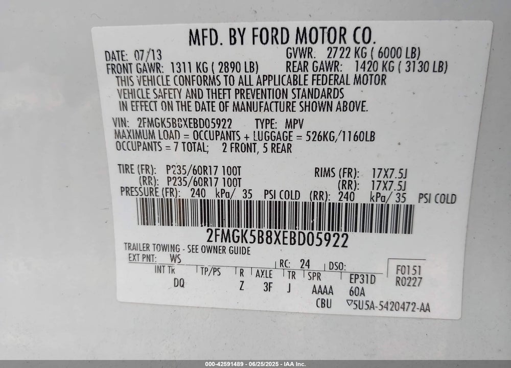 2014 FORD FLEX SE VIN: 2FMGK5B8XEBD05922