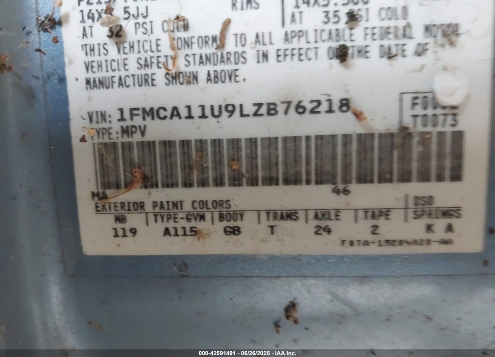 1990 FORD AEROSTAR VIN: 1FMCA11U9LZB76218
