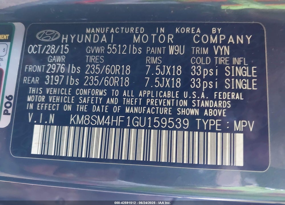 2016 HYUNDAI SANTA FE VIN: KM8SM4HF1GU159539