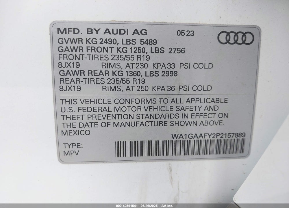 2023 AUDI Q5 VIN: WA1GAAFY2P2157889