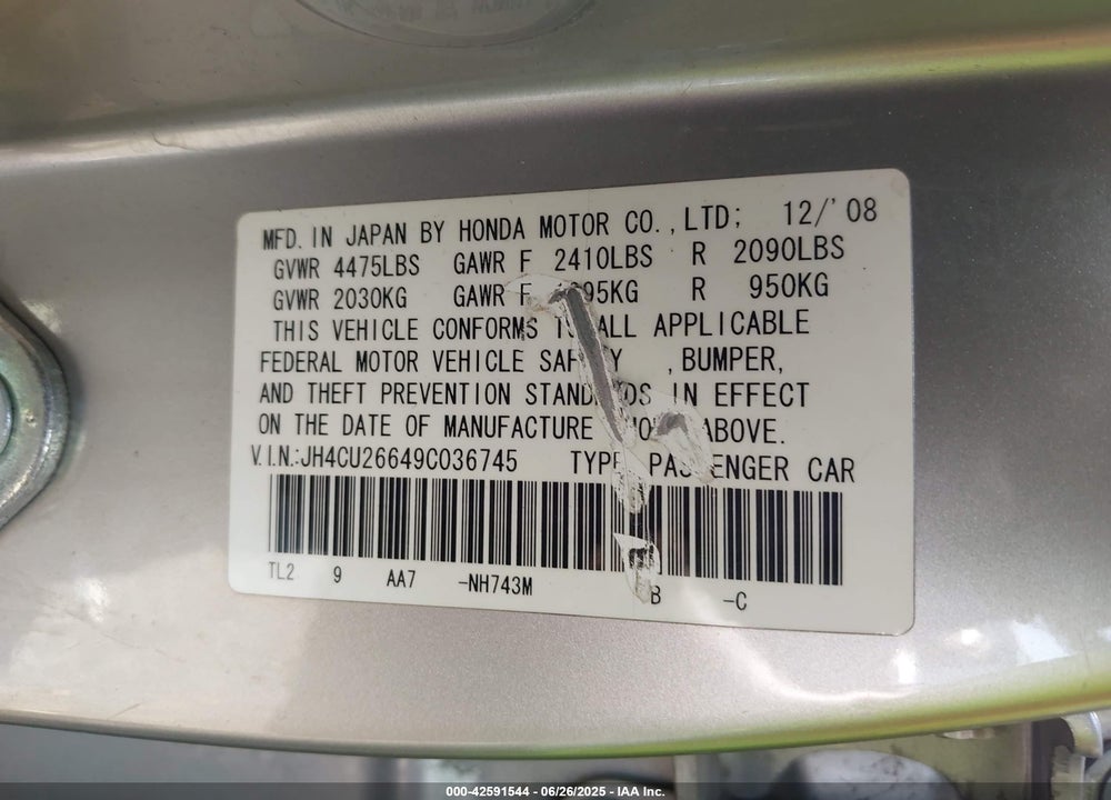 2009 ACURA TSX VIN: JH4CU26649C036745