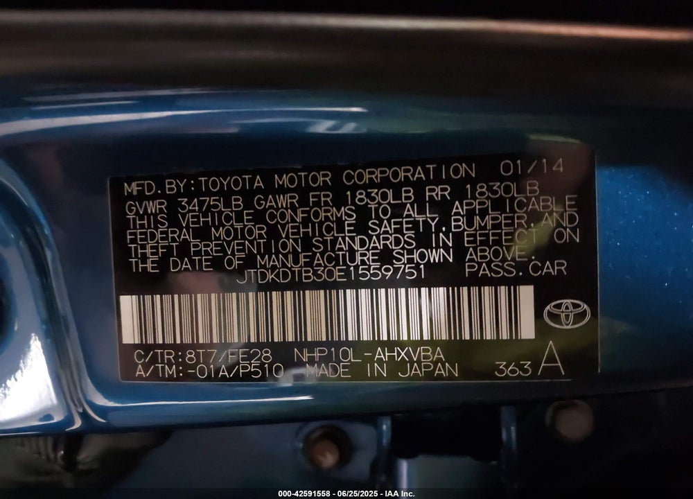 2014 TOYOTA PRIUS C ONE VIN: JTDKDTB30E1559751