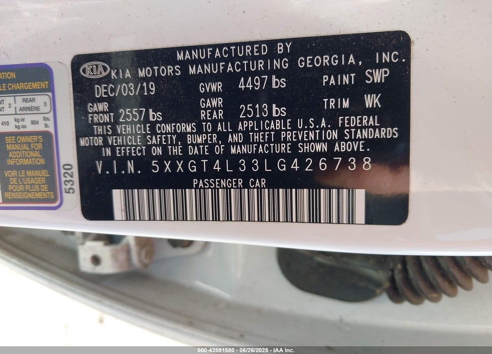 2020 KIA OPTIMA VIN: 5XXGT4L33LG426738