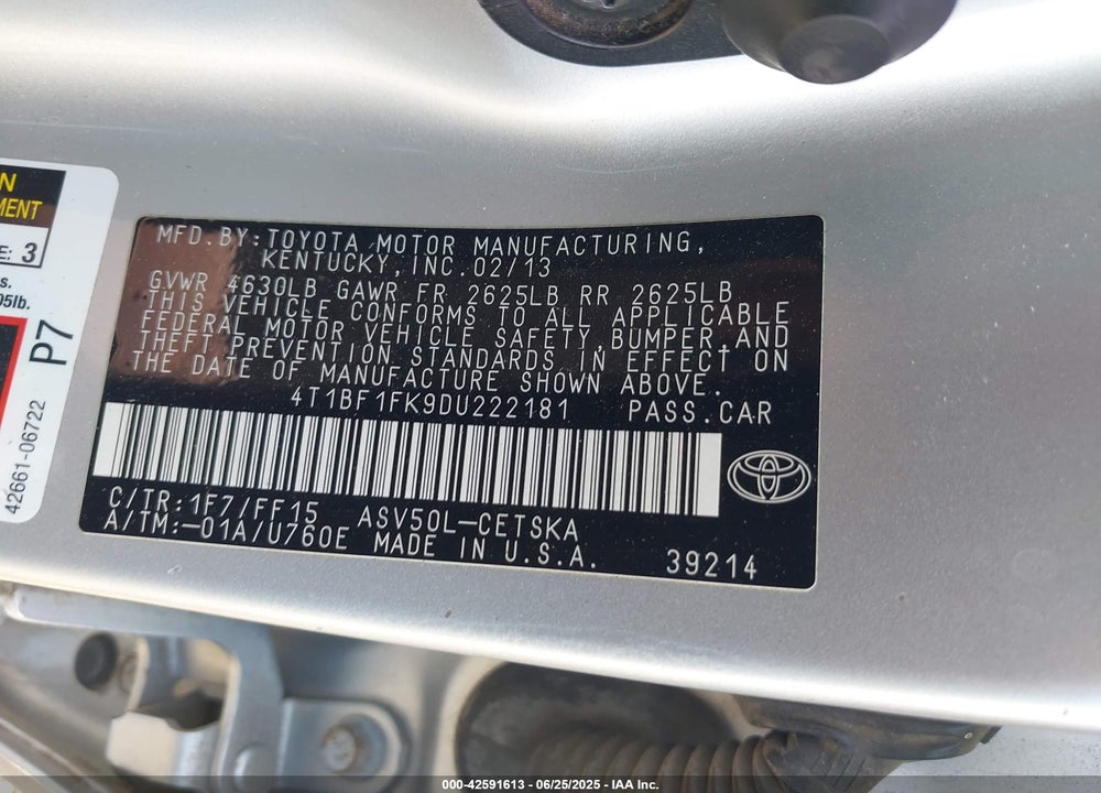2013 TOYOTA CAMRY SE VIN: 4T1BF1FK9DU222181