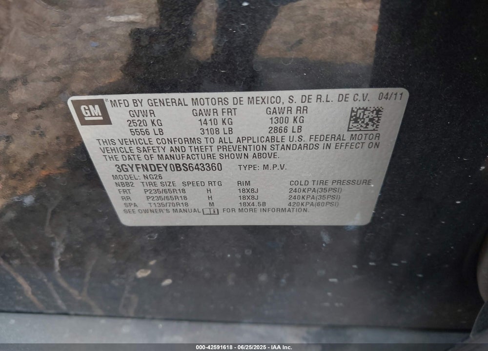 2011 CADILLAC SRX VIN: 3GYFNDEY0BS643360