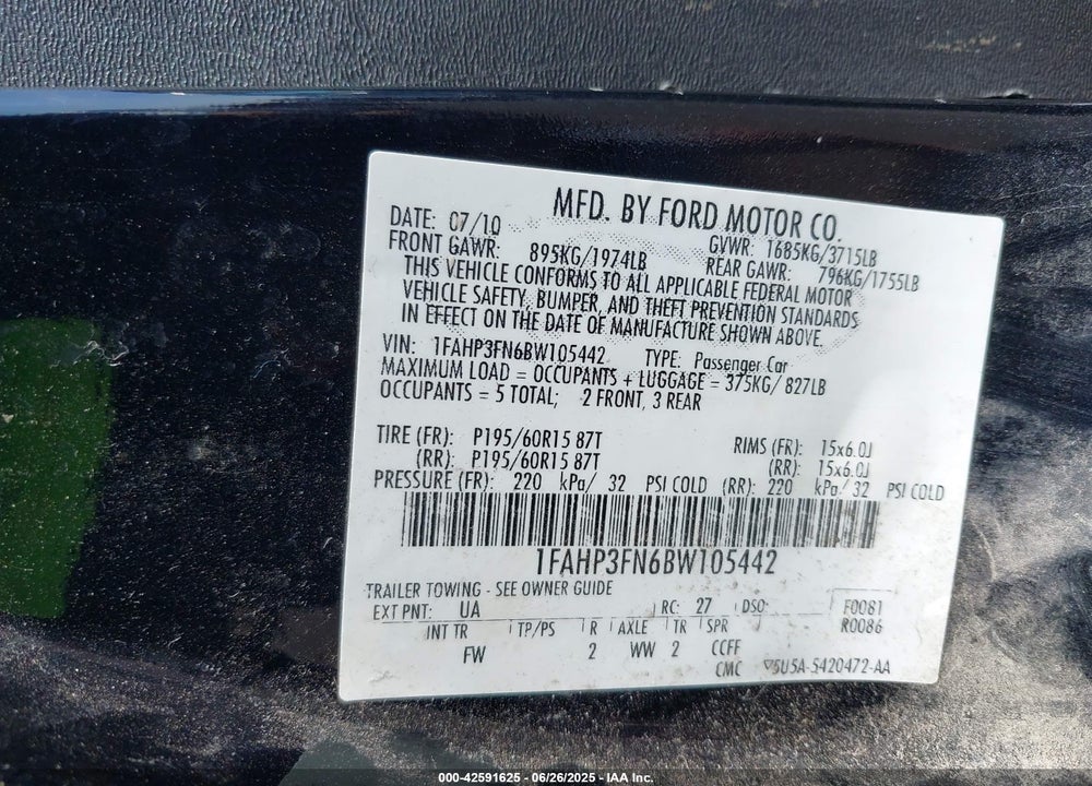 2011 FORD FOCUS VIN: 1FAHP3FN6BW105442