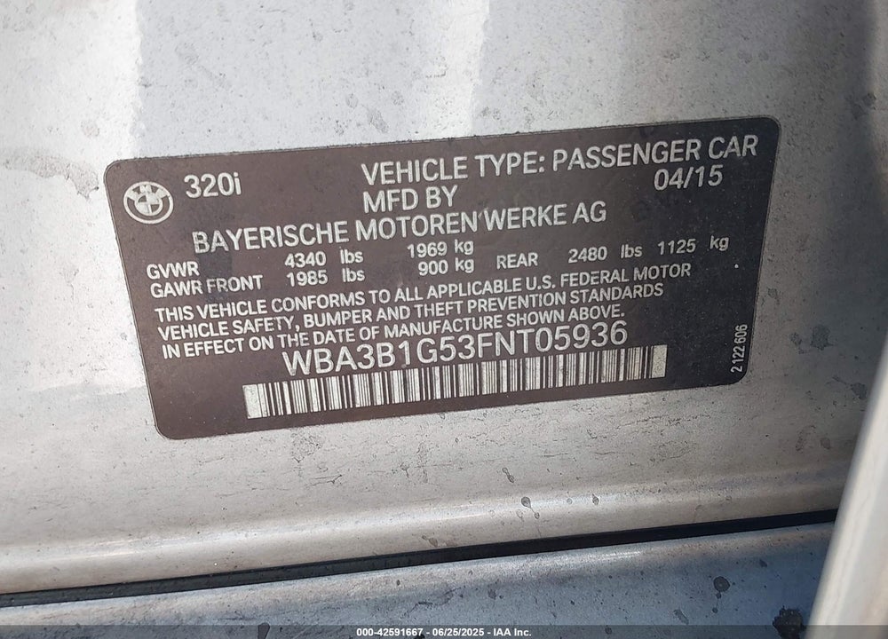 2015 BMW 320I VIN: WBA3B1G53FNT05936