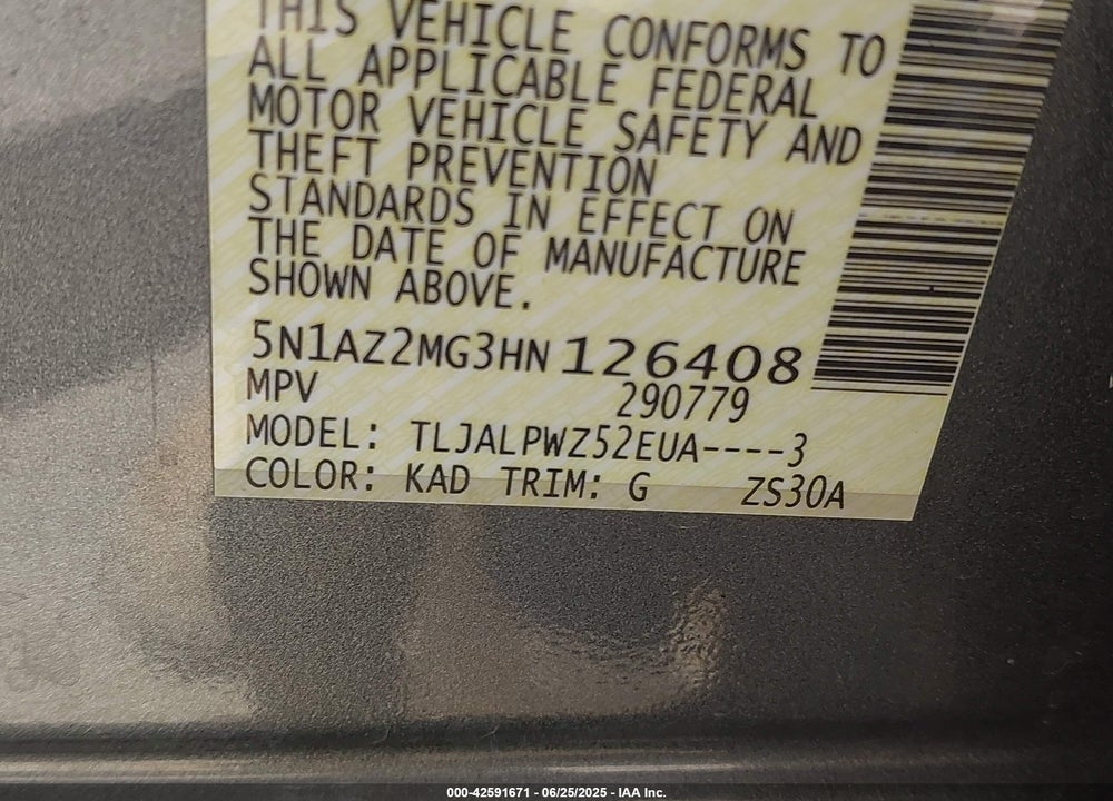 2017 NISSAN MURANO VIN: 5N1AZ2MG3HN126408