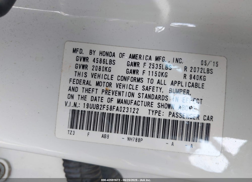 2015 ACURA TLX VIN: 19UUB2F58FA023122