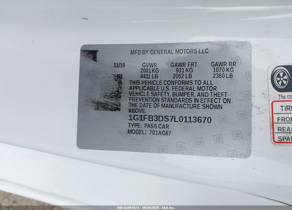 2020 CHEVROLET CAMARO VIN: 1G1FB3DS7L0113670