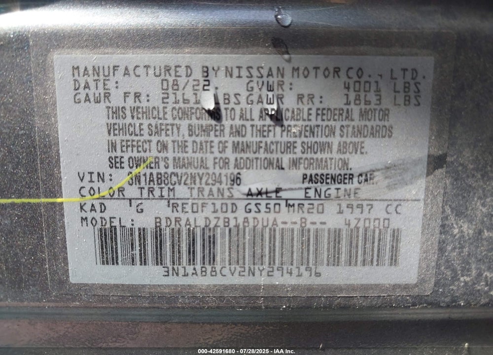 2022 NISSAN SENTRA VIN: 3N1AB8CV2NY294196