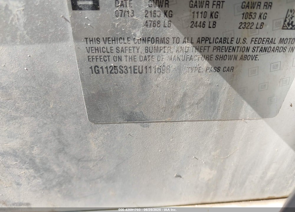 2014 CHEVROLET IMPALA VIN: 1G1125S31EU111698