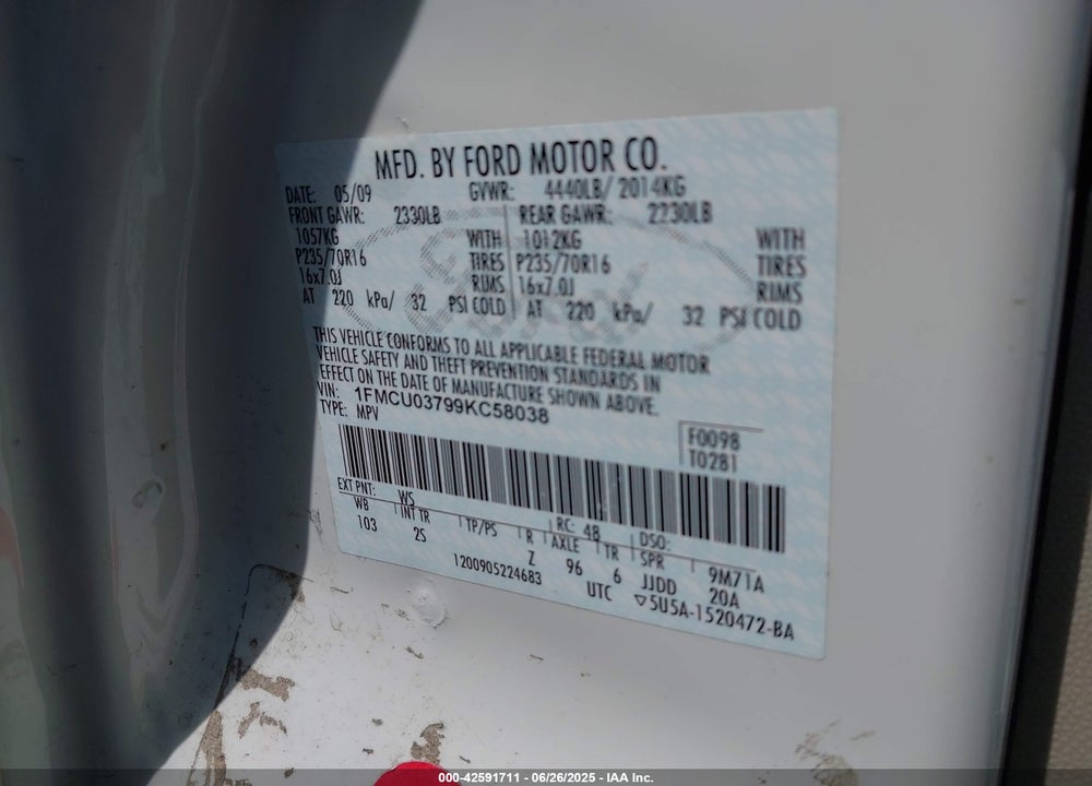 2009 FORD ESCAPE VIN: 1FMCU03799KC58038