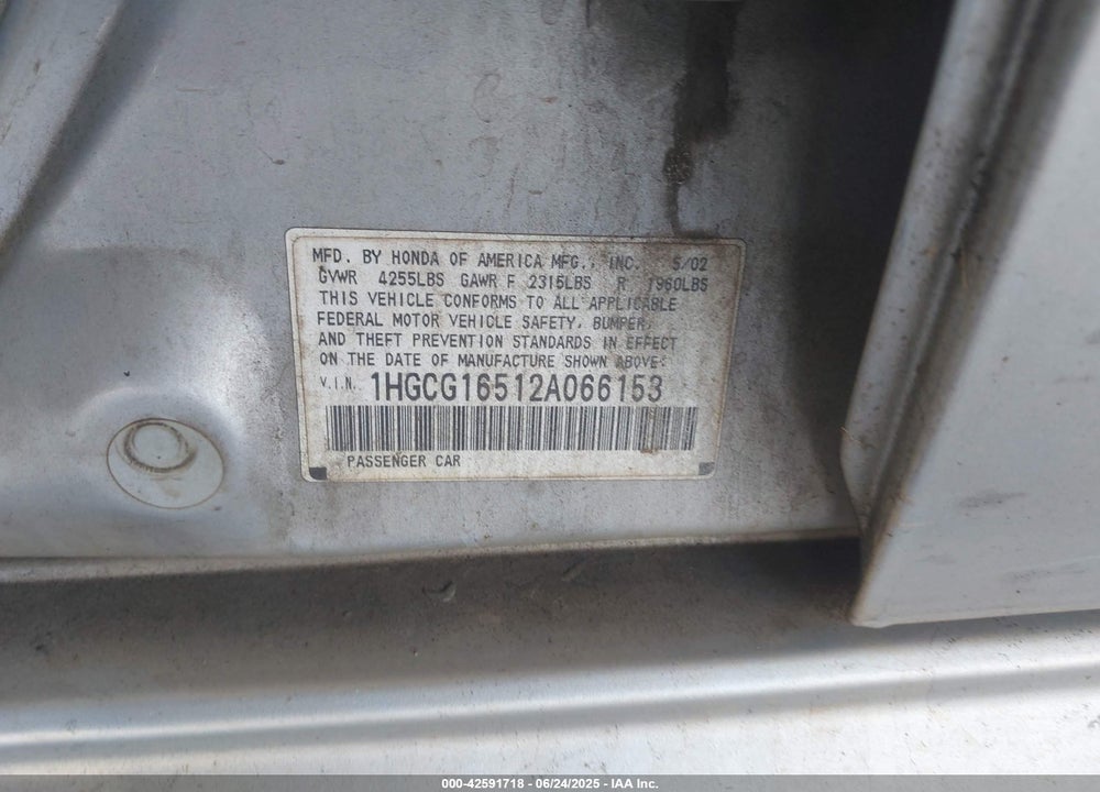 2002 HONDA ACCORD 3.0 EX VIN: 1HGCG16512A066153