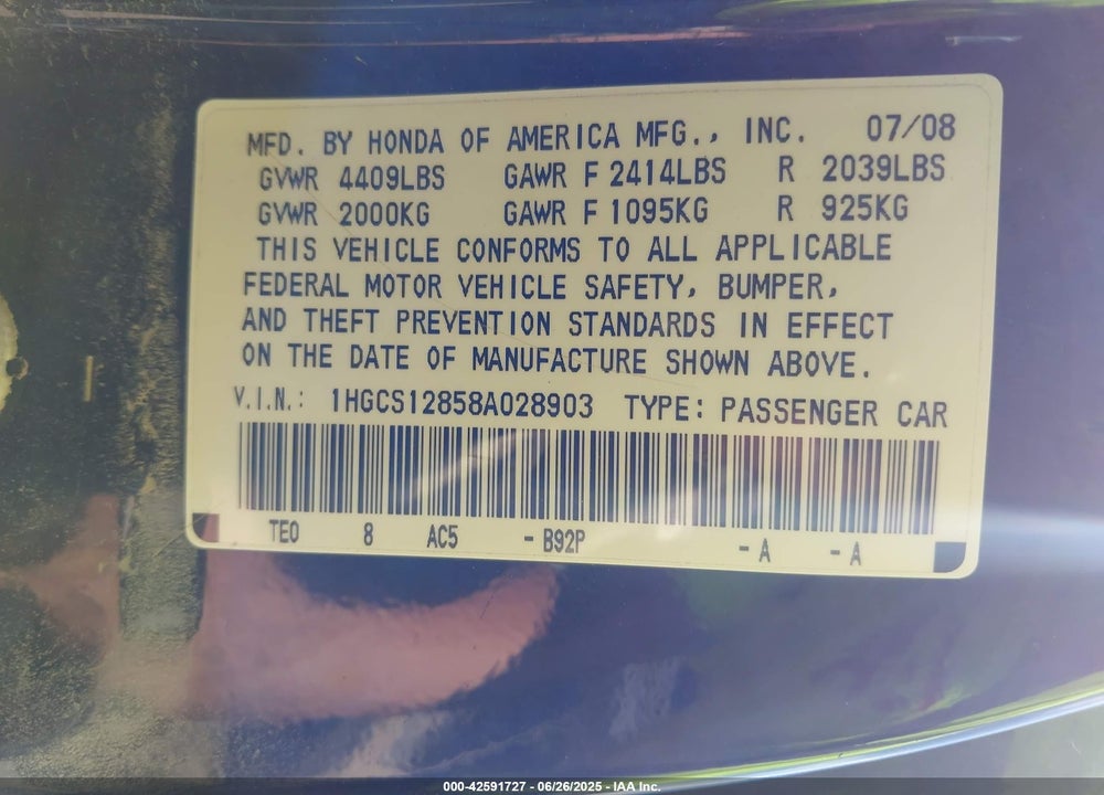 2008 HONDA ACCORD 2.4 EX-L VIN: 1HGCS12858A028903