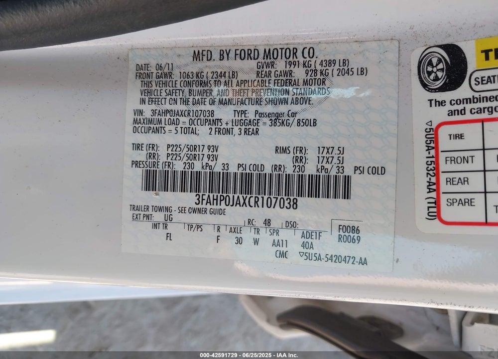 2012 FORD FUSION VIN: 3FAHP0JAXCR107038