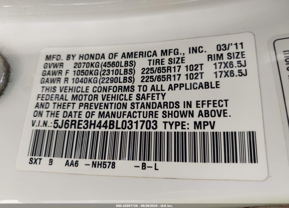 2011 HONDA CR-V VIN: 5J6RE3H44BL031703