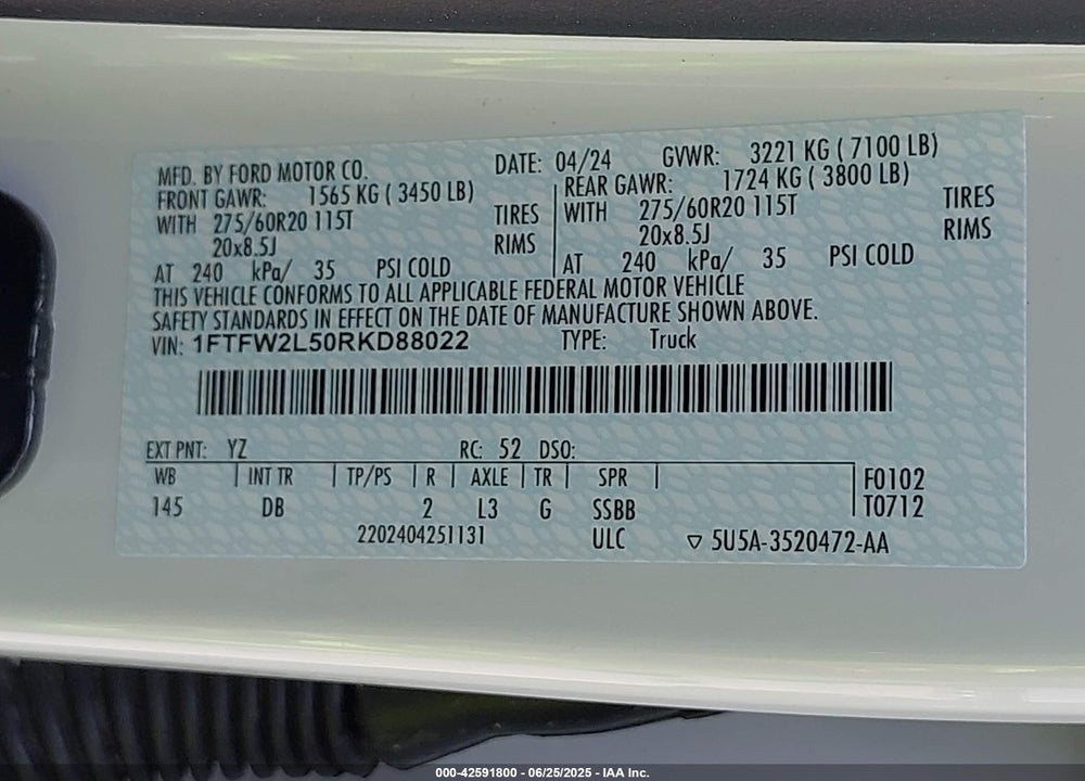 2024 FORD F-150 VIN: 1FTFW2L50RKD88022