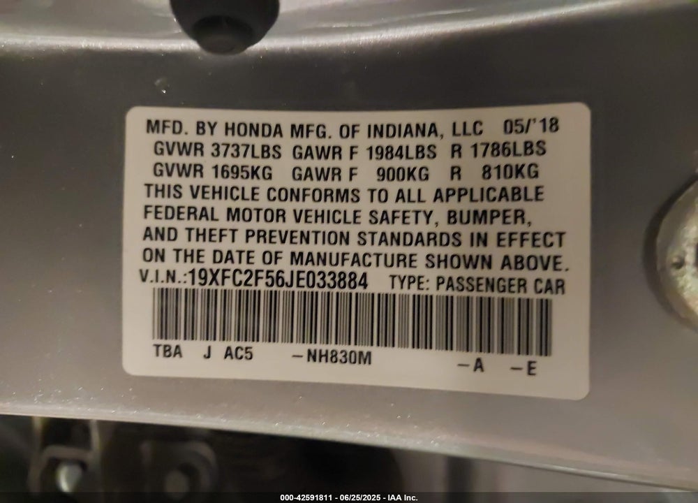 2018 HONDA CIVIC VIN: 19XFC2F56JE033884
