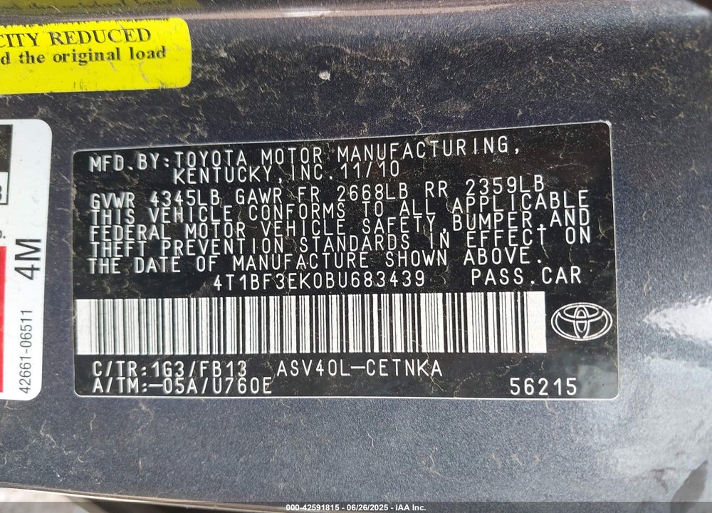 2011 TOYOTA CAMRY VIN: 4T1BF3EK0BU683439
