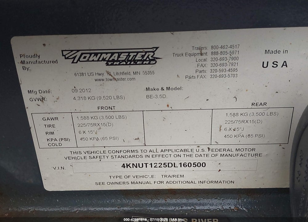 2013 TOWMASTER THD12 VIN: 4KNUT1225DL160500