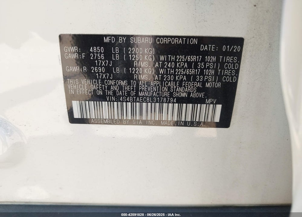 2020 SUBARU OUTBACK VIN: 4S4BTAEC8L3178794