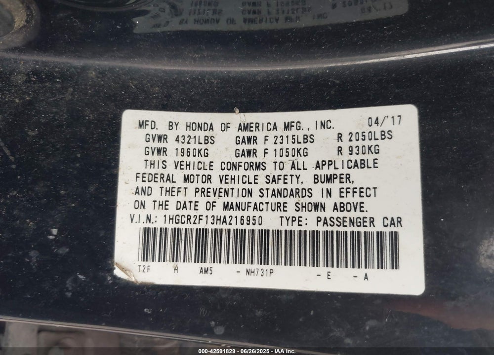 2017 HONDA ACCORD VIN: 1HGCR2F13HA216950
