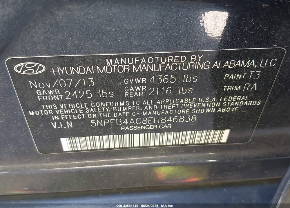 2014 HYUNDAI SONATA GLS VIN: 5NPEB4AC8EH846838