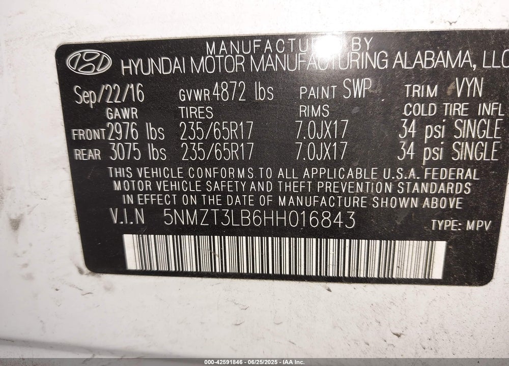 2017 HYUNDAI SANTA FE SPORT VIN: 5NMZT3LB6HH016843