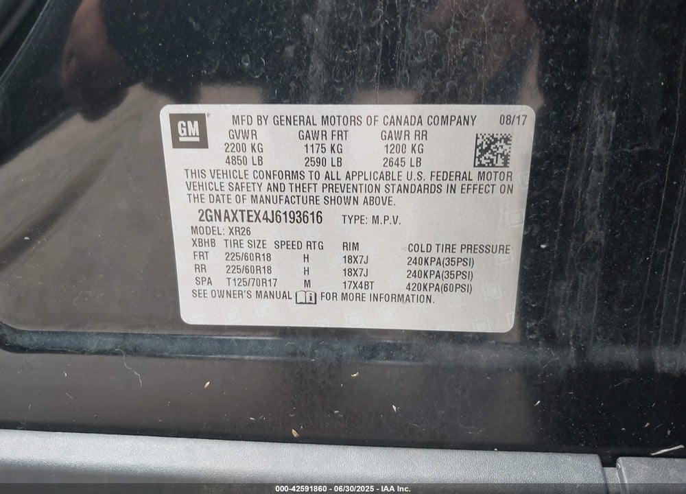 2018 CHEVROLET EQUINOX VIN: 2GNAXTEX4J6193616