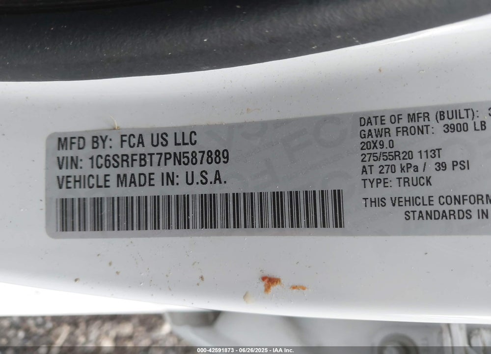 2023 RAM 1500 VIN: 1C6SRFBT7PN587889