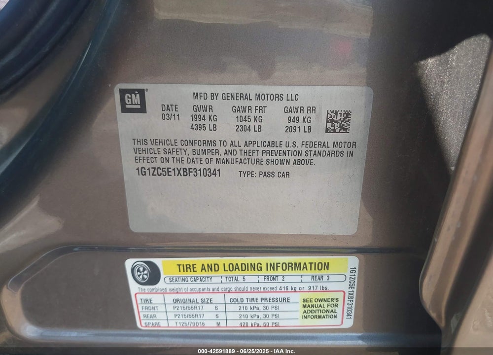 2011 CHEVROLET MALIBU VIN: 1G1ZC5E1XBF310341