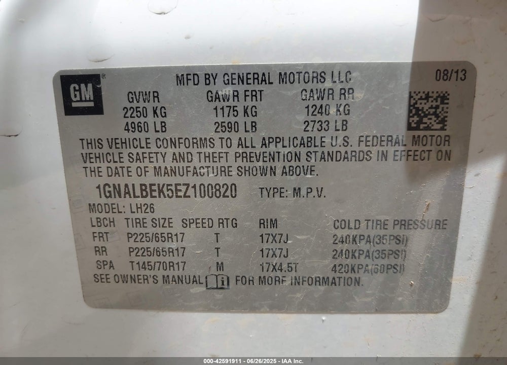2014 CHEVROLET EQUINOX VIN: 1GNALBEK5EZ100820