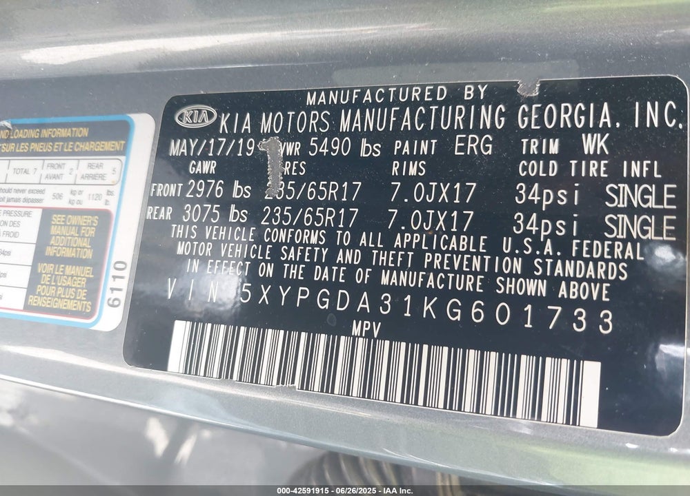 2019 KIA SORENTO VIN: 5XYPGDA31KG601733