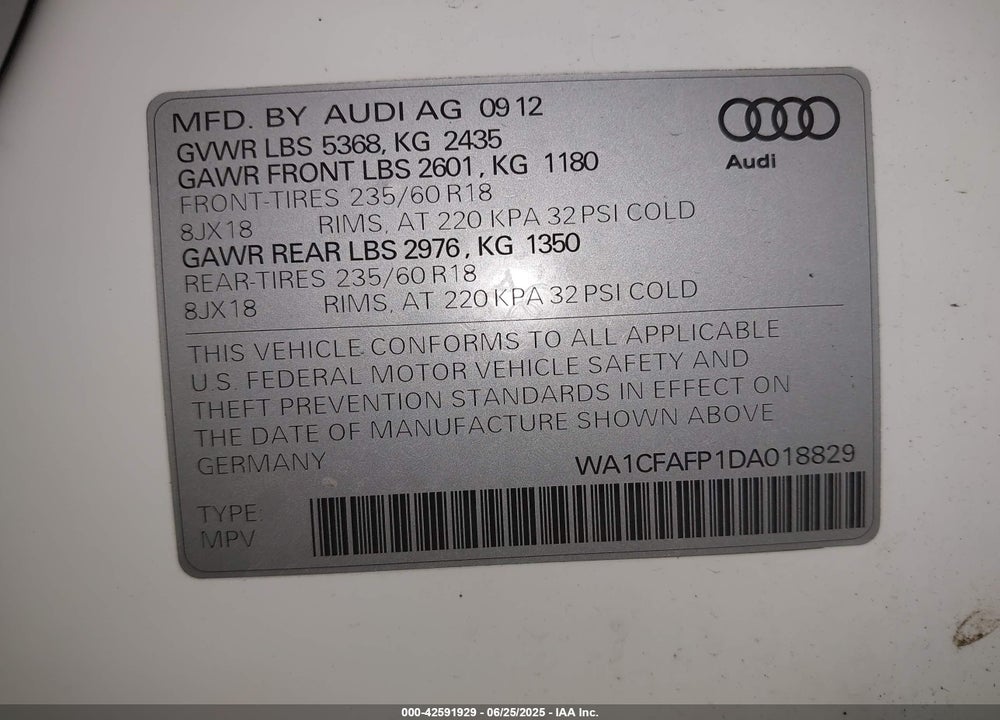 2013 AUDI Q5 VIN: WA1CFAFP1DA018829